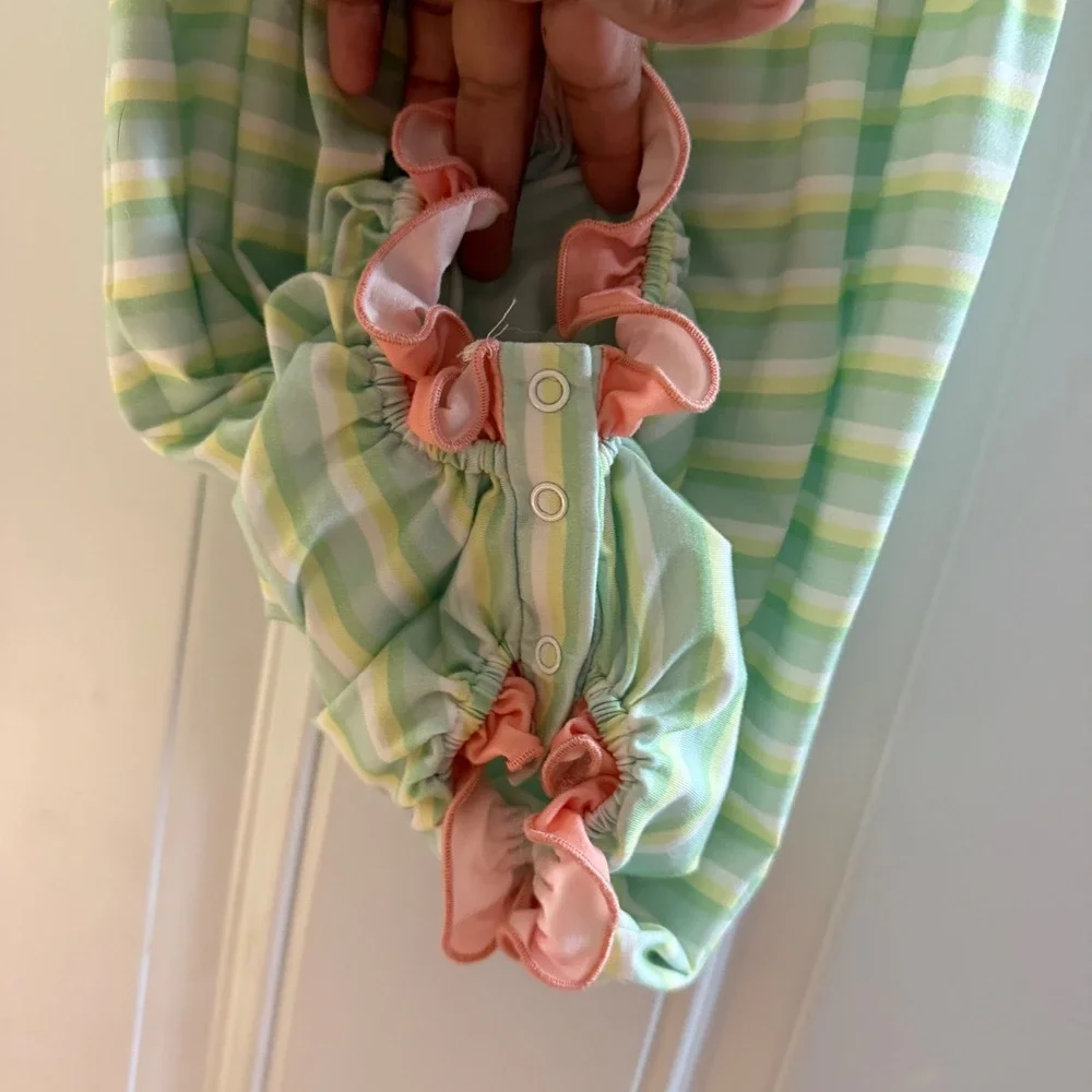 Saving Grace Smocks Girls Green Striped Tie Shoulder Bubble Romper Size 5